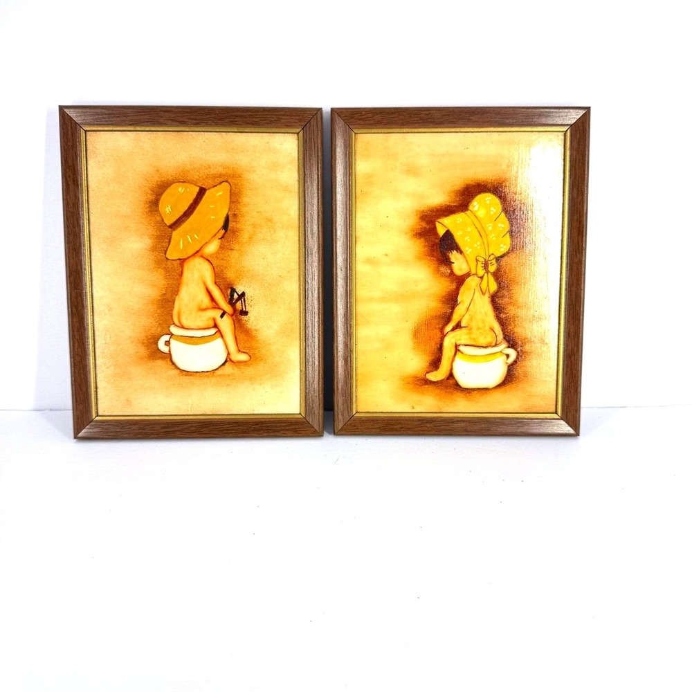 VTG Farmhouse Kitsch Framed Painting Boy & Girl On Chamber Pots